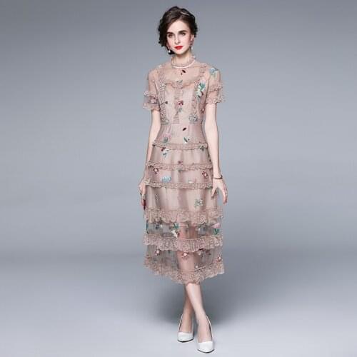 2021 summer new floral net yarn fairy real shot-spot mid-length lace embroidered lotus leaf cake dress women