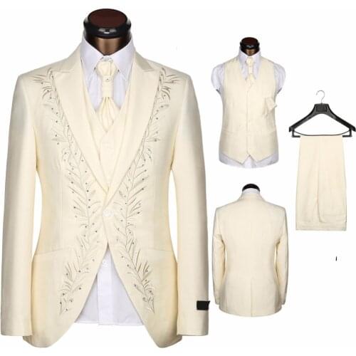 New Arrival Embroidery Groomsmen Peak Lapel Groom Tuxedos Men Suits Wedding/Prom Best Man Blazer ( Jacket+Pants+Vest+Tie)A91