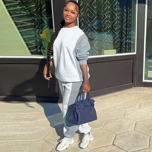 Autumn Winter Womens Clothing Grey White Color Block Spliced Long Sleeve Hoodie and Loose Jogger Sweatpant Casual Tracksuits