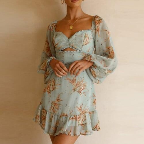 Women Autumn Lace Patchwork Print Dress Back Lace-up V Neck Chiffon Ruffles Dress Female Short A Line Green Party Vestidos 2021