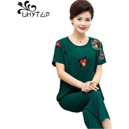 UHYTGF Printing Cotton Silk Summer Pajamas Womens Middle-Aged Elderly Thin Home Wear Two-Piece Sets 4XL Plus Size Sleepwear 1677