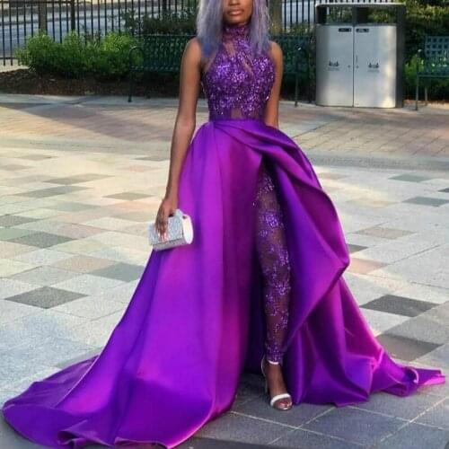 Newest Purple Overskirt Jumpsuit Prom Dresses High Neck Appliqued Side Split Evening Dress Beaded Sequined Plus Size Sweep Train