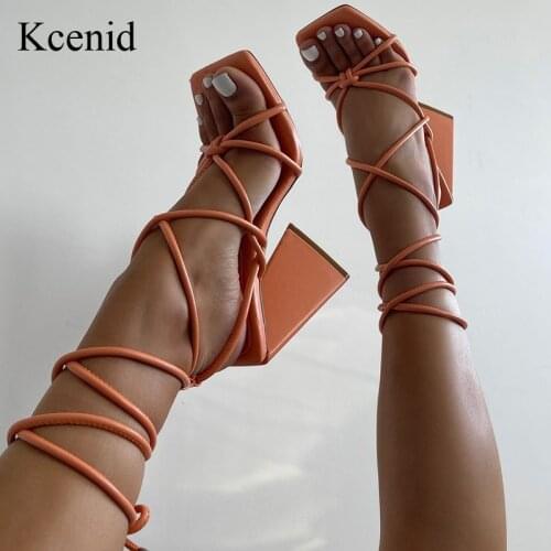 Kcenid 2021 Summer Womens Sandals High Heels Fashion Solid Color Strap Party Shoes Square Head Lace-Up Style Plus Size 35-42
