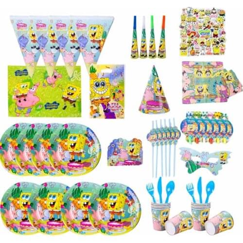 Sponge-Bob birthday party Disposable decorations Tableware Balloons Paper Cups Sticker paper plates kids Faovr party supplies