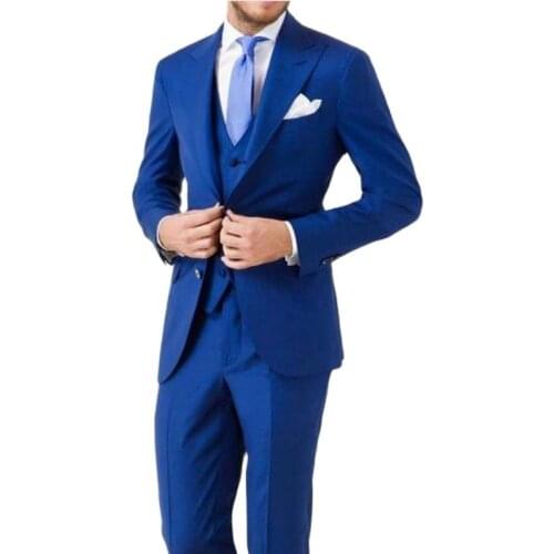 Slim Fits Royal Blue Mens Toast Suits Evening Dress Handsome Groom Tuxedos Prom Party Clothes(Jacket+Pants+Vest+Tie) W:152