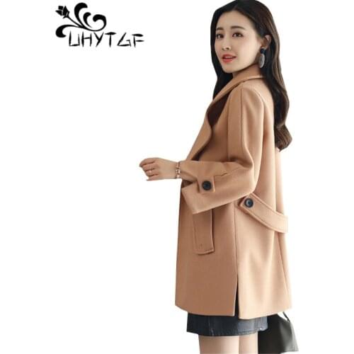 UHYTGF New Korean Womens Wool Coat Spring Autumn Suit collar Woolen jacket Ladies fashion Long Slim Lady coats High quality 713