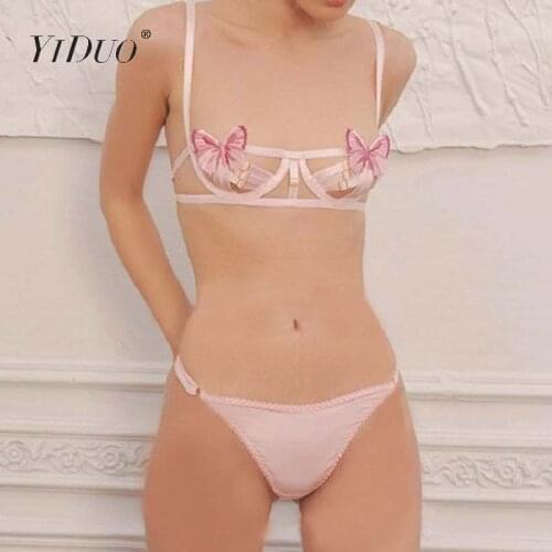 YiDuo Pink 3D Butterfly Sexy Lingerie 2 Piece Set Mesh Hollow Out Womens Underwear Transparent Bra Panty Set Hot Erotic 2020