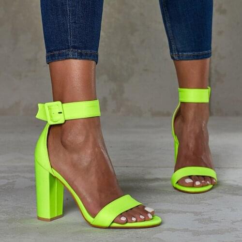 Office Sandalias Womens Sandals Ladies Pumps Fashion Round Toe Flock 10CM Thick High heels Buckle Strap women shoes size 35-42