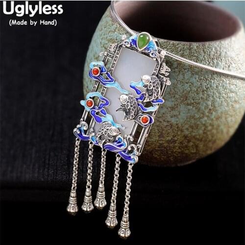 Uglyless Jumping Carp Fishes Ethnic Pendants for Women Personalized Big Size Jade Necklaces NO Chains 925 Silver Tassels Jewelry