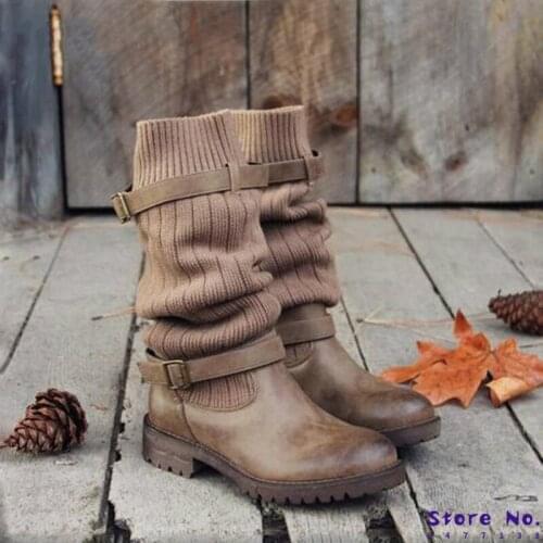 2019 Autumn Winter Vintage Women Boots Large Size Wool Sock Boots Female Flat Heel Knee High Boots Botines Zapatos De Mujer