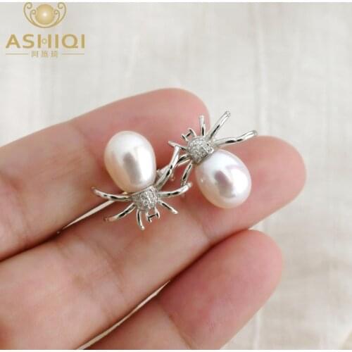 ASHIQI Real 925 Sterling Silver Spider Earrings Natural Freshwater Pearl Jewelry Personalized Gifts for Women