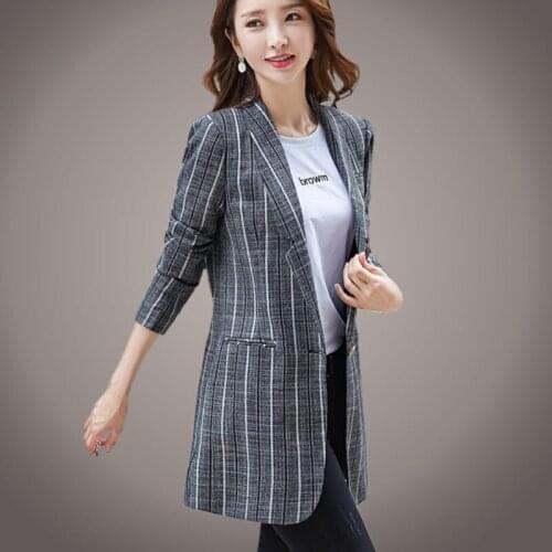 2020 New Suit Jacket Lady Long Section Spring Summer Long-sleeved Retro Striped Blazer Women Fashion Long Slim Shirt Tops k924