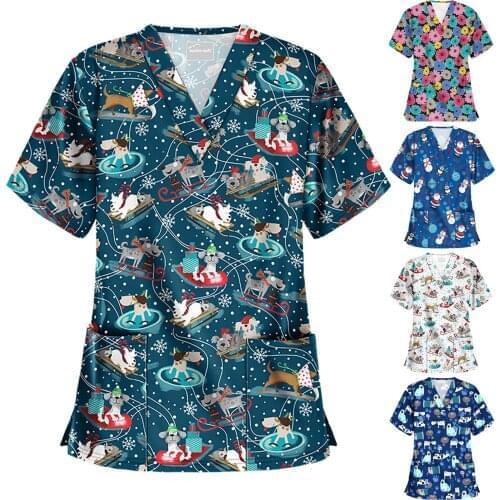 Plus Size Top For Women Short Sleeve V-neck Tops Working Uniform Cartoon Print Blouse nurse uniform 2021 медицинская одежда