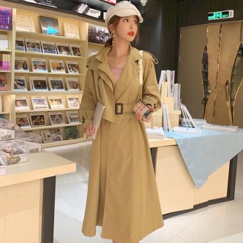 2020 Autumn Long sleeve Women Trench Notched collar khaki Long coat Loose windbreaker women clothing Casual female coat