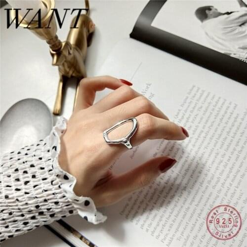 WANTME Real 100% 925 Sterling Silver Geometric Shaped Hollow Elegant French Style Ring for Women Trendy Punk Office Jewelry Gift