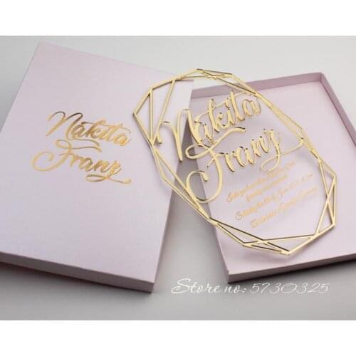 3D Clear Acrylic Wedding Invitations Geometric Wedding Invitations Embossed Transparent Invitations Gold Foil Printed Invitation