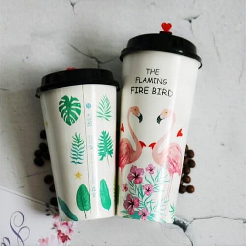 50pcs High quality flamingo disposable coffee cup 500ml 700ml net red milk tea paper cups cold hot drink glass with covers