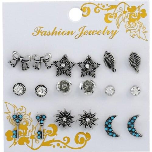 9Pairs/Set New Fashion Silver Color Moon Star Stud Earrings For Women Vintage Key Bowknot Leaf Earring Set Boho Punk Jewelry