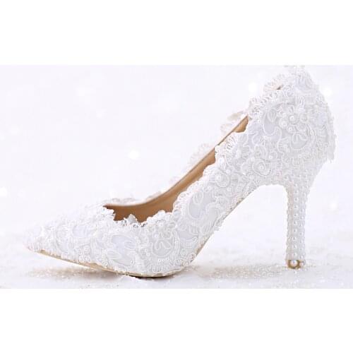 White Lace and Pearl Bridal Wedding Shoes Pointed Toe Women Thin Heel Comfortable Dancing Shoes Handmade Birthday Party Pumps