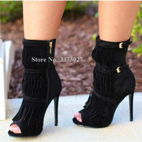 Fashion Peep Toe Tassel Women Ankle Boots Sexy Black Suede Buckle Decor Fringe Stiletto Heel Short Boots Lady Banquet Shoes