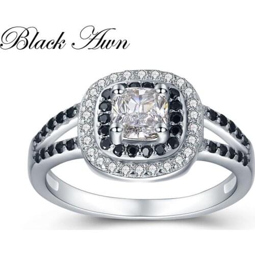 BLACK AWN 2020 New 3.2g 925 Sterling Silver Jewelry Black&White Stone Engagement Ring Bague Wedding Rings for Women C428