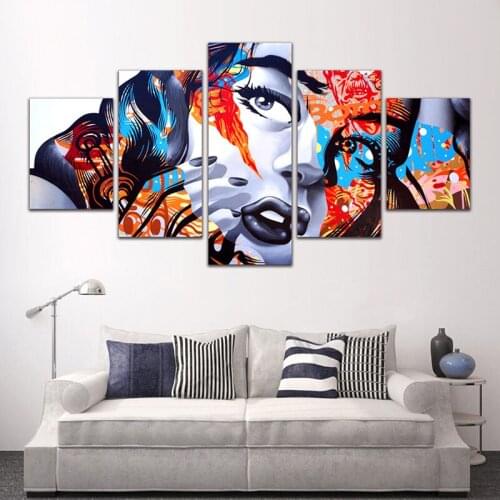 5 Panels Decor Poster Colorful Graffiti Abstract Girl Face Picture Canvas Painting Home Decoration Living Room Wall Art Bedside