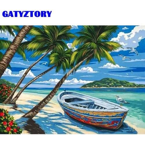 GATYZTORY 5D Full Drill Square Diamond Embroidery Coconut Palm And Boat Art Rhinestone DIY Diamond Painting Landscape Handicraft