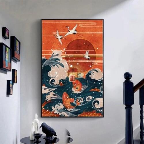 Canvas Art Print Painting Poster Japanese Style Landscape Painting Wave Crane Red Sun Wall Pictures Home Decoration Living Room