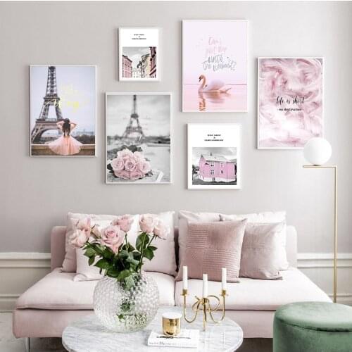 Eiffel Tower Girl Wall Art Canvas Fashion Pink City Landscape Print Painting Nordic Decoration Picture Living Room Decor