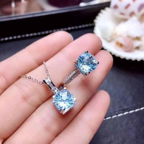 Fashion simple square Natural sky blue topaz gem Ring Pendant Natural Gemstone Jewelry Set 925 Silver Women party gift jewelry
