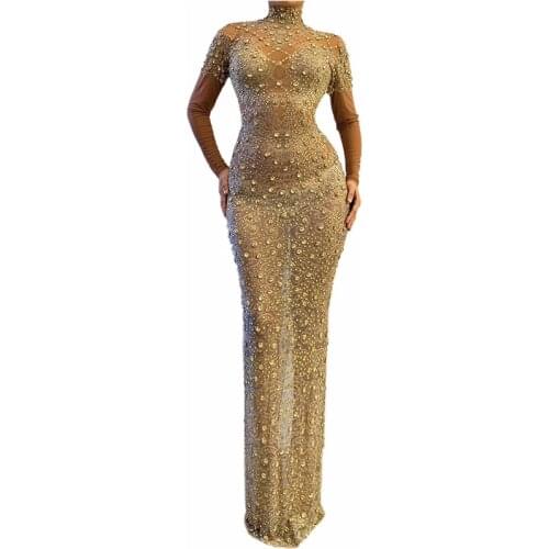 Fashion Sexy Gold Rhinestones Transparent Nude Dress Women Birthday Party Wear Evening Prom Crystals Long Dresses Costume DT1936