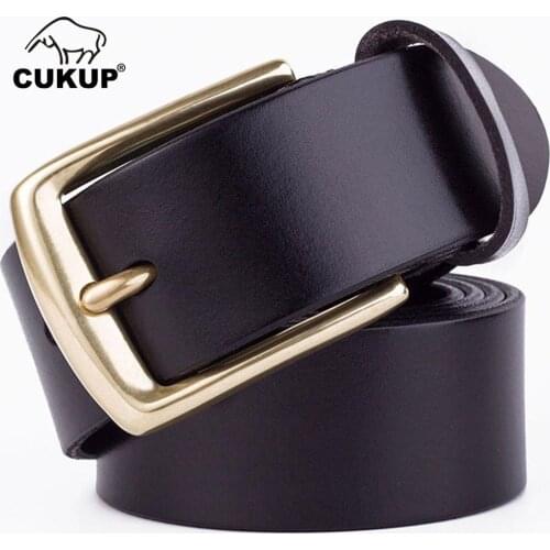 CUKUP Top Quality Real 100% Pure Cow Skin Cowhide Leather Belts Solid Brass Pin Buckle Metal Belt for Men Jeans Accessory NCK122
