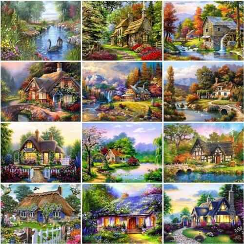 Huacan 5D DIY Diamond Art Painting Kits House Diamond Embroidery Landscape Mosaic Cross Stitch Rhinestone Pictures Home Decor