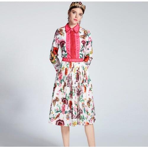 Printing lapels silk printed shirt + pleated skirt two pieces European fashion boutique Baroque totem temperament suits wq2348