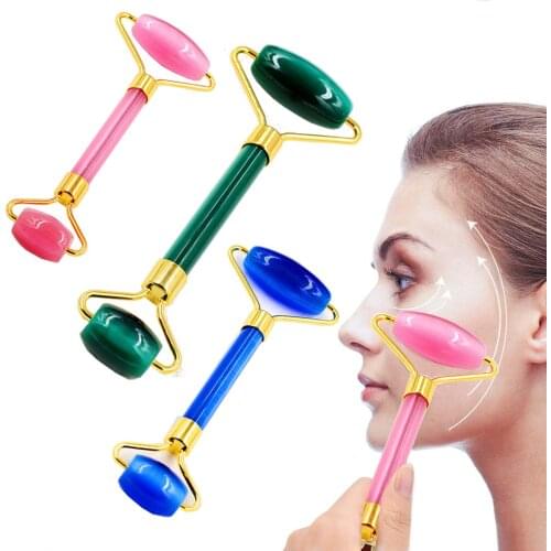 Pink Blue Natural Rose Quartz Facial Neck Massage Roller Jade Stone Massager For Face Lift Limming Skin Care Tool