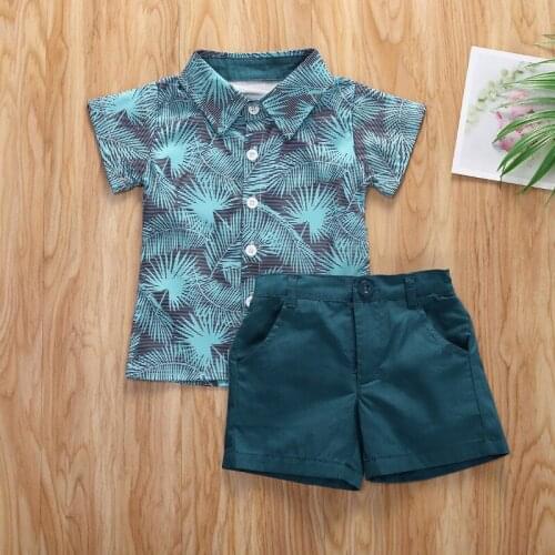 Summer Children boy Gentleman Holiday Leaf Printing Short Sleeve Button Shirt Casual Shorts Tops pants Set