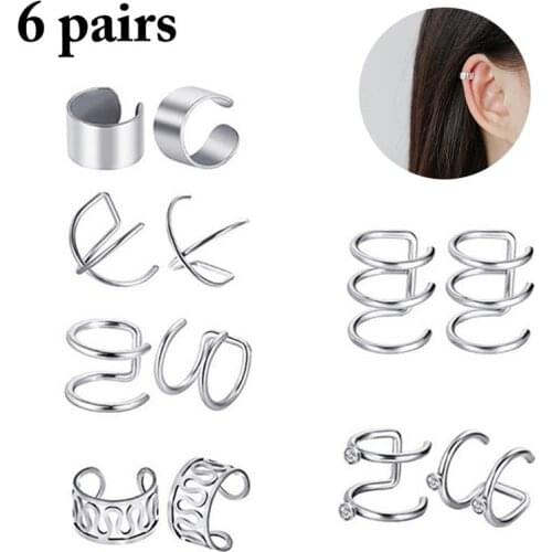 6 Pairs Fashion Punk Rock Ear Clip Cuff Wrap Earrings No Piercing-Clip On Cartilage Wrap Silver Color Earring Accessories