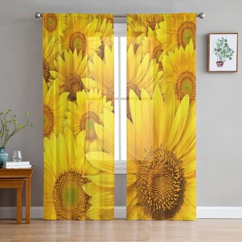 Sunflower Blossoms Yellow Flower Tulle Sheer Window Curtains for Living Room Kitchen Children Bedroom Voile Hanging Curtain