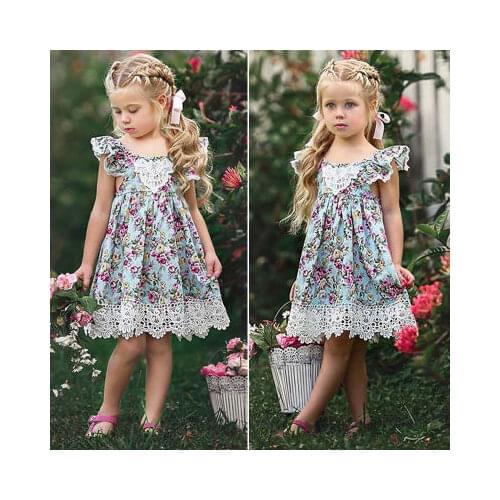 Explosion 4-8 years old fashion childrens clothing summer small girls baby print floral stitching lace lace dress