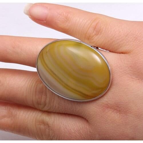 Yellow Stripes Agate Finger Rings Natural Stone Oval Rings for Women Finger Cuff Rings Adjustable Jewelry Gift