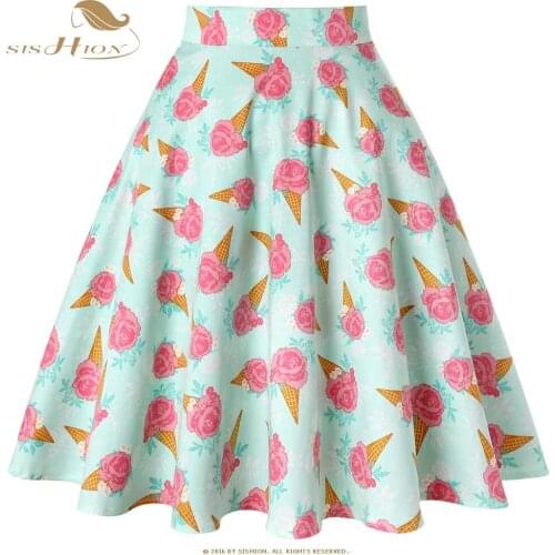 SISHION Women Summer Skirt 2021 New VD0020 Ladies High Waist Ice Cream Print Floral Vintage Retro Cotton Skirt jupe femme