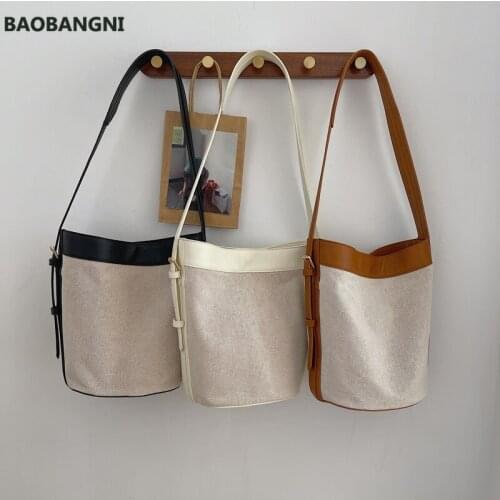 New High Qaulity Canvas PU Leather Ladies Bucket Bag Handbags Korean Style Shoulder Crossbody Bag