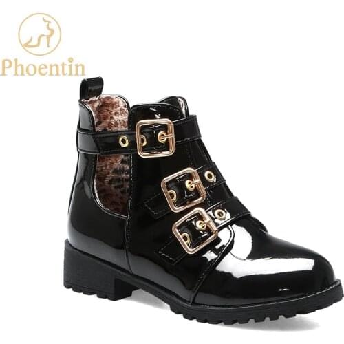 Phoentin black martin boots women 2019 autumn new arrival buckle closure punk shoes female flat heels round toe PU leather FT697