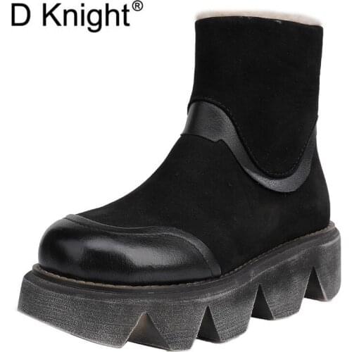 Women Snow Boots 100% Genuine Cowhide Leather Ankle Boots For Woman Wedge Warm Winter Thick High Heel Platform Boots Woman Shoes