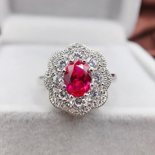 Ruby Flower Rings For Women Sparkling High Carbon Diamond 100% 925 Sterling Silver Wedding Party Bridal Fine Jewelry Gifts