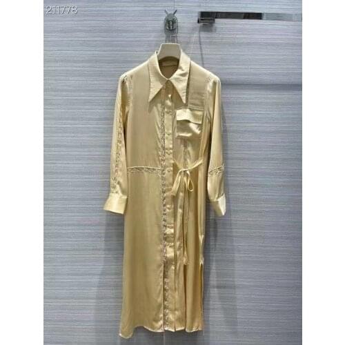 2021 Spring Summer Vintage Women Dress Long Sleeve Elegant Lace Embroidery Patchwork Party Single Breasted Silk Shirt Dresses