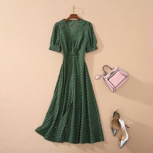 New HIGH QUALITY 2021 Fashion Designer Runway Dress Womens V-Neck Puff Sleeve Hollow Out Green Guipure Long Dress