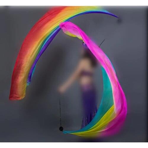 100% Silk Belly Dance Poi Veil For Adult 2pcs Ball+2pcs Veil Belly Dance Poi Training Props Rainbow Color