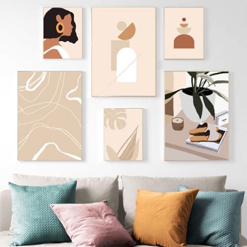 Abstract Vintage Girl Canvas Painting Khaki Minimalist Art Plant Leaf Poster Boho Gallery Wall PIcture for Living Room Decor