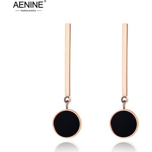 AENINE Trendy Black Acrylic Long Earrings For Women Girls Rose Gold Stainless Steel Ear Jewelry Christmas Party Gifts AE19007
